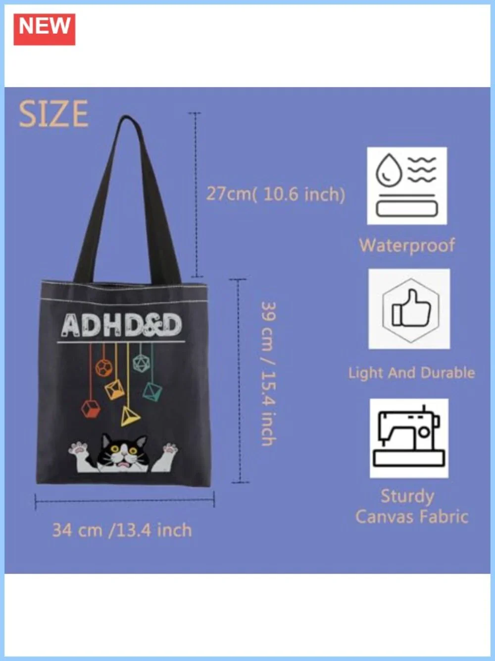 Canvas Tote Bag With Cat RPG Game Design For Women - Extra Large, Durable